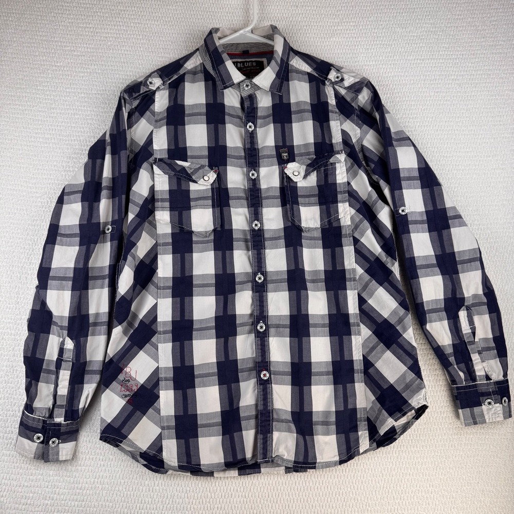 Blues Clothing Company Mens XL Blue White Plaid Button Up Roll Sleeve Shirt Slim